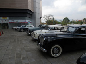 Выставка старинных автомобилей спереди.