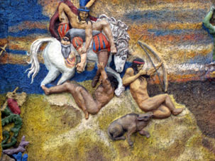 Борьба индейцев с испанскими завоевателями. Барельеф на стене в Каракасе.
