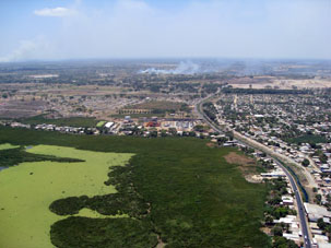 Подлёт к Сан-Фернандо-де-Апуре. Внизу шоссе, соединяющее столицу штата и Пуэрто-Паэс, и рисовые поля.