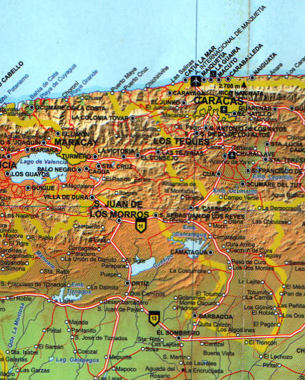 Фрагмент физической карты Венесуэлы с изображением штата Арагуа.