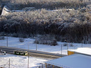 Bosque y carretera Simferópolskoe shosse (hacia Simferópol) bajo nieve. Vista desde mi apartamento.