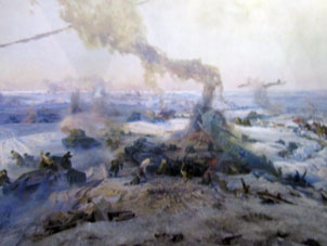 El panorama de la Batalla de Estalingrado ilustra combate por Mamáyev Kurgán, altura dominante de la ciudad de Volgogrado y sus cercanías.