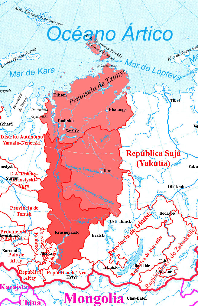 Mapa de la situacion de la Región (kray) de  Krasnoyarsk