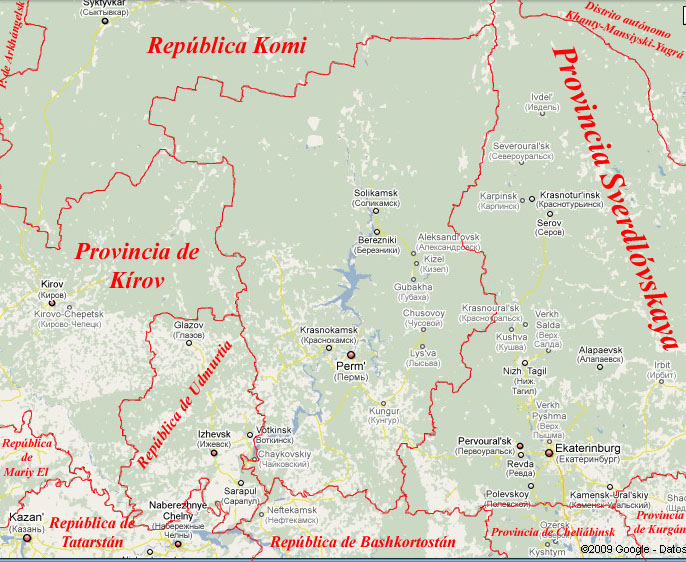 Situación del país de Perm' en el mapa de Google